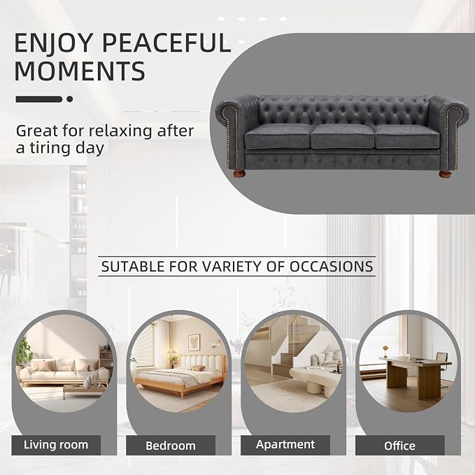 Chesterfield Leather Sofa, 89" Mid Century Modern Couch with Low Back, Roll Arm Nailhead Trim Classic 3 Seater Couch for Living Room, Office, Apartment, Faux Leather Dark Grey