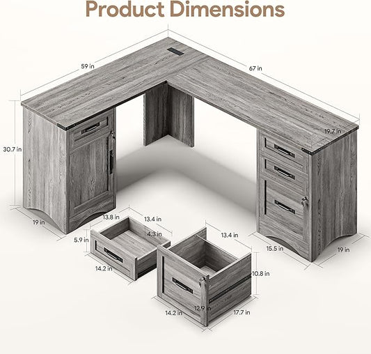 Decofy 67" Farmhouse L Shaped Standing Desk with Drawers Home Office Executive Desks with Fast Charging Station, Lockable File Cabinet, Wood Writing Computer Desk for Work, Study, Grey