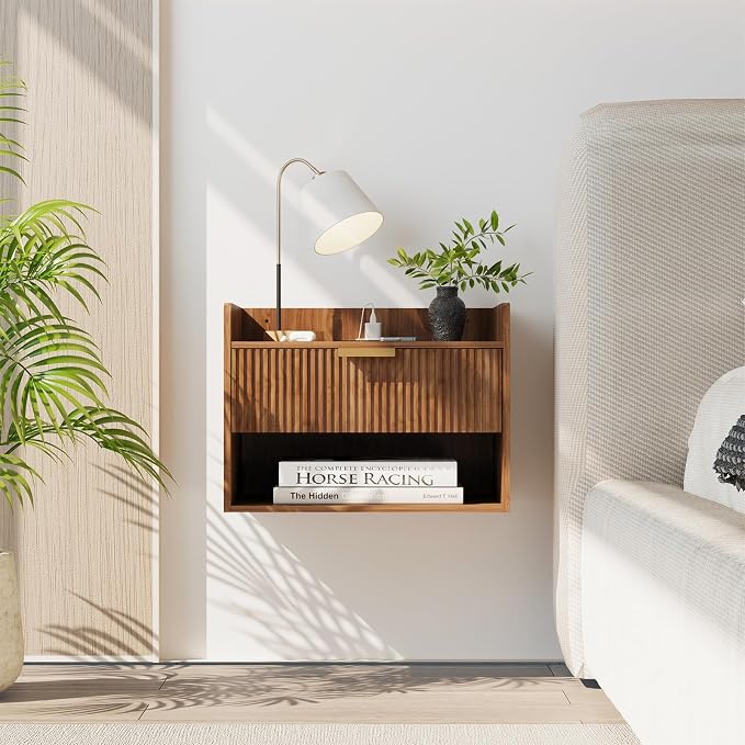 Arbuxzuy Floating Nightstand Set of 2 with Charging Station, Modern Wall Mounted Bedside Table with Drawer & Open Shelf, Minimalist Wooden Night Stand for Bedroom (Walnut Brown)