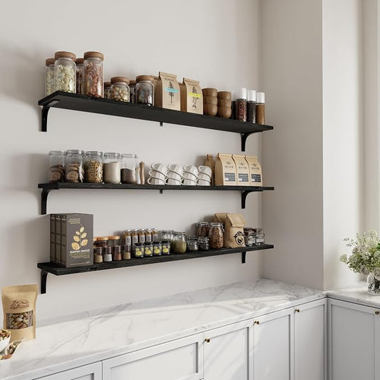 Deep Floating Shelves, 12 Inch Extra Wide Solid Wood Wall Shelves, 60 Inch Long Heavy Duty Wall Mounted Bookshelf for Living Room, Kitchen and Bedroom, Set of 3 (Black)