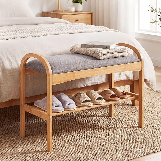 Giantex Shoe Rack Bench, Bamboo 2-Tier Entryway Bench with Padded Cushion, Shoe Storage Bench for Hallway, Closet, Foyer, Living Room, Bedroom, Mudroom