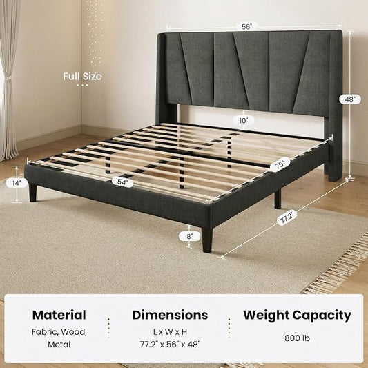 SHA CERLIN Full Size Bed Frame with Geometric Wingback Headboard, Upholstered Platform Bed with Wooden Slats Support, 8" Under-Bed Space, No Box Spring Needed, Easy Assembly, Grey