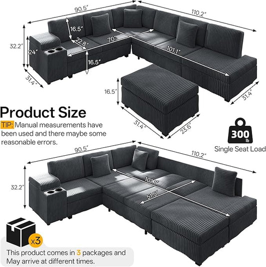 KEIKI 110" L-Shaped Oversized Plush Corduroy Modular Sectional Sofa with Pull-Out Bed, Convertible 6-Seater Sleeper Couch Bed with 1 Ottomans & USB & Cup Holders, Easy Assembly, for Living Room, Gray