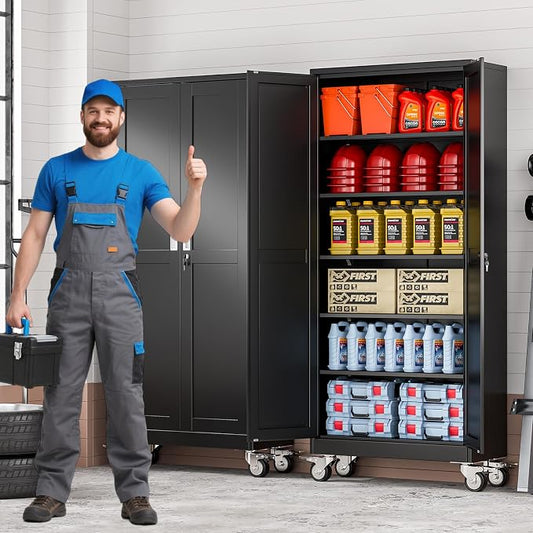 75" Metal Garage Storage Cabinet with Wheels and Locking Doors and Tall Rolling Steel Tool Cabinet with 5 Adjustable Shelves for Garage,Home,Office,Shop (Black, 75''H x 32''W x16''D)