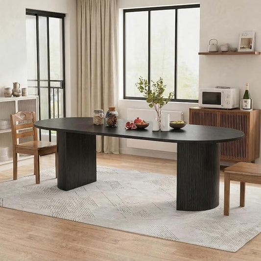 43-95 Inch Oval Extendable Dining Table for 4-10, Fluted Space Saving Long Round Kitchen Table with 3 Leaf, 2 Storage, Mid Century Modern Dining Room Dinner Table for Living Room, Black
