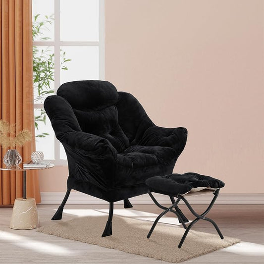 Youtanic Lazy Chair with Folding Ottoman, Accent Chair Plush Upholstered with Metal Structure and Non-Slip Pads, Sofa Armchair with Footrest and Side Storage Bag for Dorm, Room, Office, Black