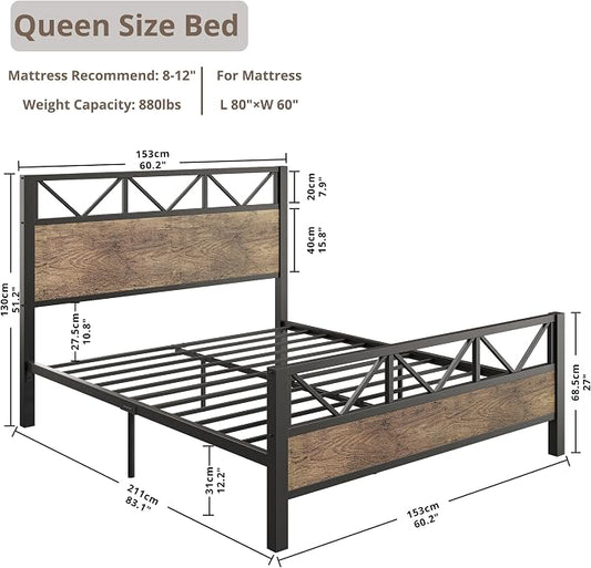 LIKIMIO Queen Bed Frame, Tall Industrial Headboard 51.2 ", Platform Bed Frame with Strong Metal Support, Solid and Stable, Noise Free, No Box Spring Needed, Easy Assembly, Rustic Maple