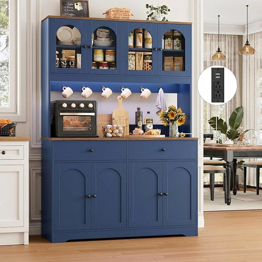 HIFIT 71" LED Kitchen Pantry Cabinet with Power Outlet, Large Kitchen Hutch Cabinet with 2 Storage Drawers & Arched Door, Countertop & Hooks, Tall China Bar for Dining Living Room (Blue)