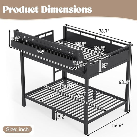Bellemave Bunk Bed Full Over Full,Metal Bunk beds with Storage Shelves USB Ports and LED Lights, Black