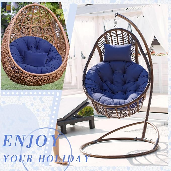 Tudomro Navy Blue Egg Chair Cushion Hanging Basket Chair Replacement 45x45 Hammock Basket Swing Waterproof Cushion Hanging Swing Pads with Headrest for Indoor Outdoor Porch Backyard Patio Garden