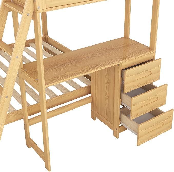 Ball & Cast Twin Over Full Bunk Bed with Safty Guardrail & Stair,Solid Wood Construction W/Built-in Desk & 3 Drawers,Can Divided Into 2 Bedframe,Easy Assembly,for Boy Girl Teen Adult Bedroom,Natural
