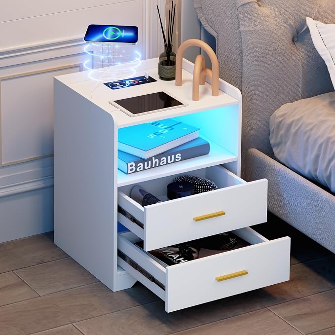 dnbss White LED Nightstand with Charging Station and 24-Color RGB Lights, Smart Night Stand with Human Sensor Lighting, Modern Bedside Table for Bedroom
