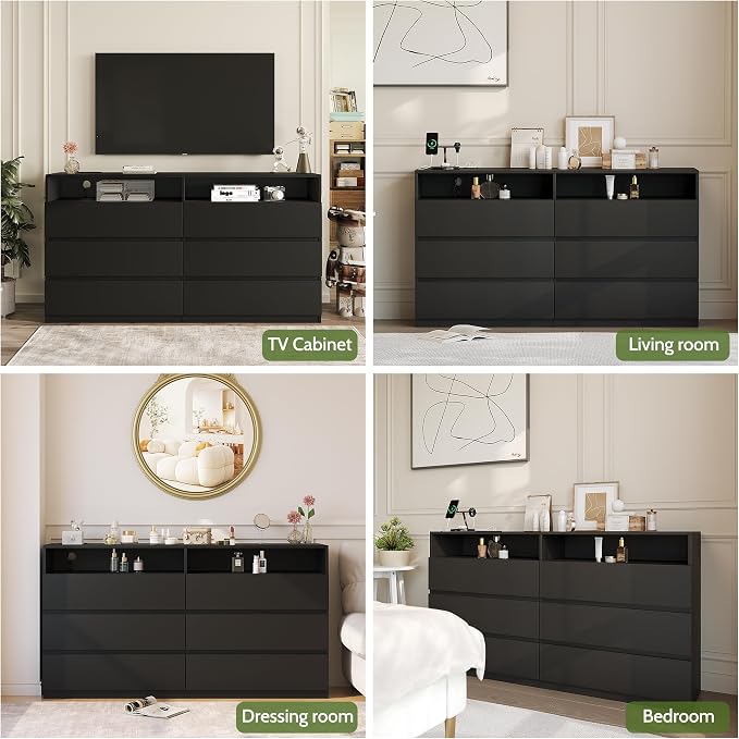 6 Drawer Dresser for Bedroom 47" Wooden Black Dressers Chests of Drawers | Double Closet Storage Cabinet w/ Charging Station LED RGB Lights 2 Open Shelves Modern Dresser TV Stand for Living Room