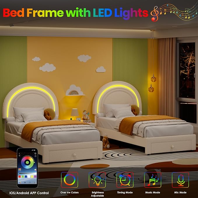 GarveeHome Twin Upholstered LED Bed Frame - with Storage Drawer and Rainbow Headboard, Berber Fleece Princess Platform Bed for Kids, Solid Wood Slat Support, No Box Spring Needed, Easy Assembly, Beige