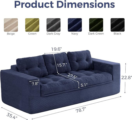 MAXYOYO 79" Loveseat Sofa Couch for Small Spaces, Upholstered Boneless Cloud Couch for Apartment Bedroom, 3-Seater Love Seat Floor Modern Sofa with Pillows, No Assembly Required, Navy