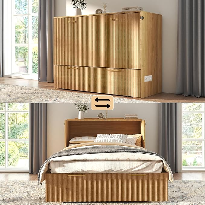 Full Size Murphy Bed Cabinet: Oak Folding Murphy Bed for Small Spaces, Wood Hidden Beds Cabinet with Charging Station, 2 in 1 Hideaway Beds Cabinets (Oak-Stripe)