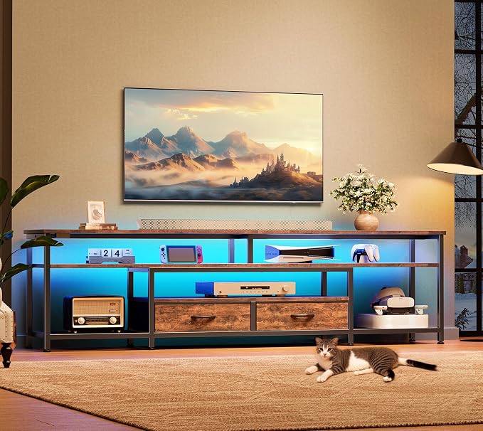 Huuger TV Stand for 75 80 Inch TV, Entertainment Center with Power Outlets and LED Lights, 70.9 Inch TV Console for Living Room, Media Console with Drawers and Shelves, Rustic Brown