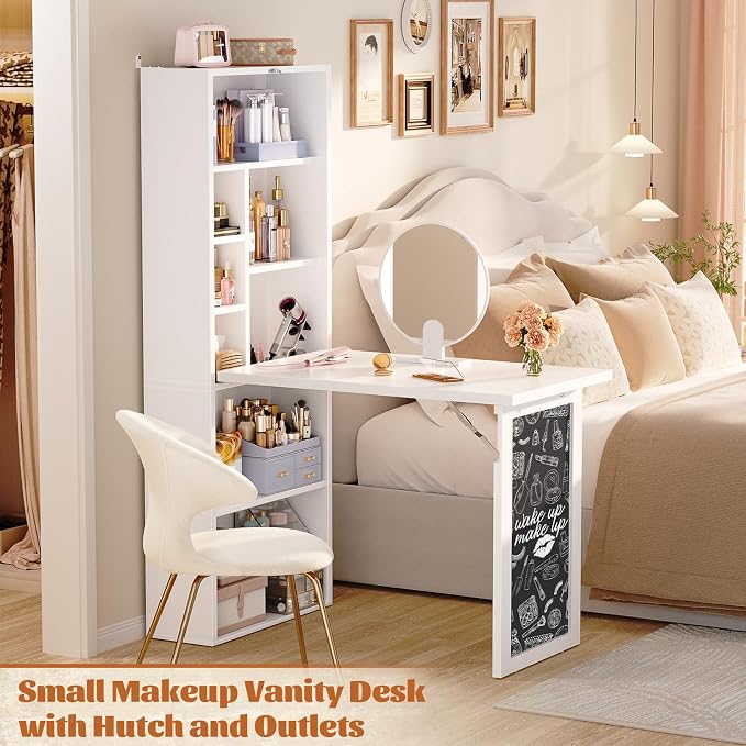 Armocity Small Folding Desk with Outlets, Convertible Writing Desk for Small Spaces/Home Office/Craft Room, Multi-Function Desk Workstation with Blackboard, Fold-Out Cabinet Table, White