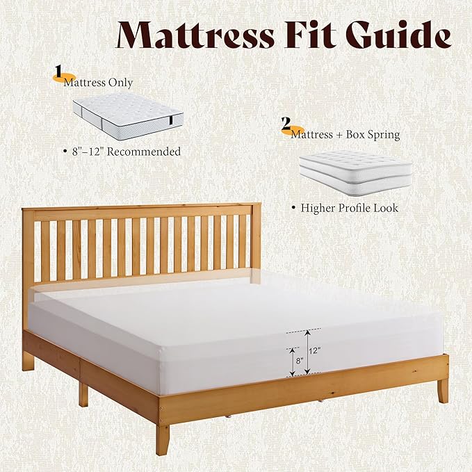 AMERLIFE Full Bed Frame, Solid Wood Platform Bed with Vertical Slats Headboard, Wooden Bedframe Full-Size, Sturdy Wooden Slats Support, No Box Spring Needed, Noise Free, Light Wood