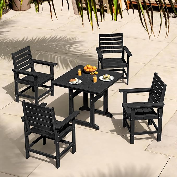 5 Piece Patio Dining Set, 35" Square HDPE Weather Resistant Outdoor Table & 4 Patio Chairs Set with 1.96" Umbrella Hole, Heavy Duty for Small Space Backyard Balcony, Black
