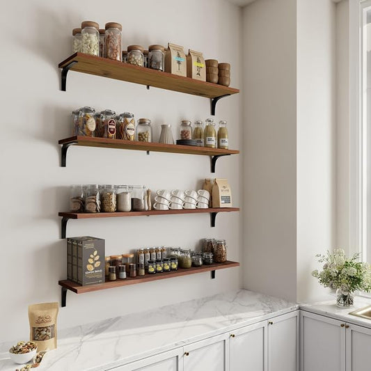12 Inch Deep Floating Shelves Set of 4, 48 Inch Extra Wide Brown Solid Wood Wall Shelves, 4ft Heavy Duty Farmhouse Wall Mounted Shelving for Kitchen, Living Room & Bedroom