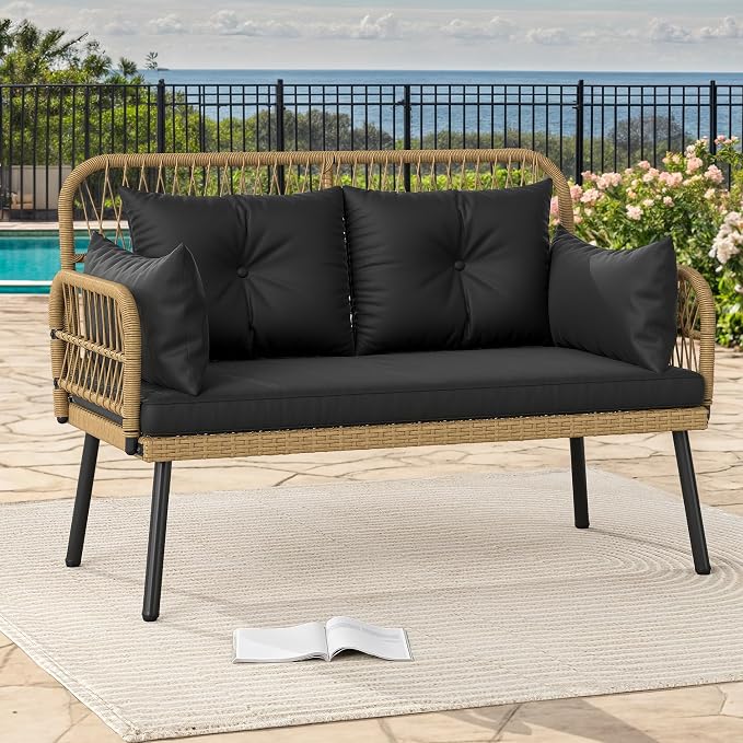 DWVO Outdoor Loveseat, Patio Wicker Furniture Set with Cushion & Adjustable Feet, Patio Couch for Garden, Balcony, and Porch, Black