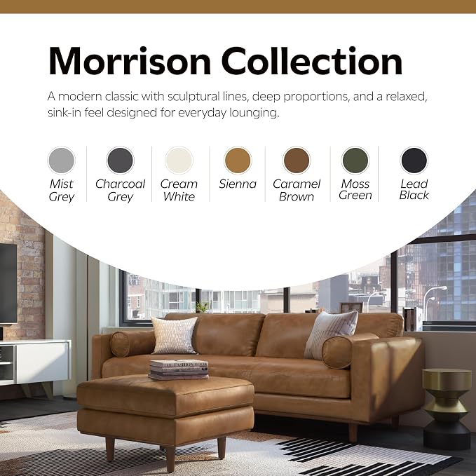 SIMPLIHOME Morrison 33 inch Wide Ottoman in Caramel Brown Genuine Leather, Multifunctional Footrest, Coffee Table, and Extra Seating for Living Room, Mid-Century Modern Style
