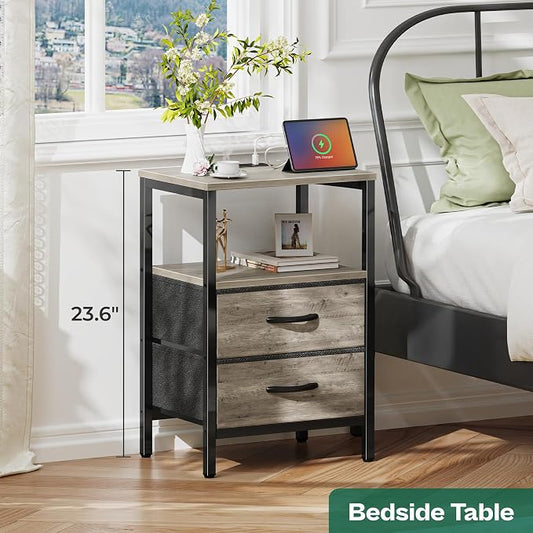 Huuger Nightstand with Charging Station, Fabric Drawers, End Table with Open Shelf, Bedside Table with USB Ports and Outlets, Night Stand for Bedroom, Oak