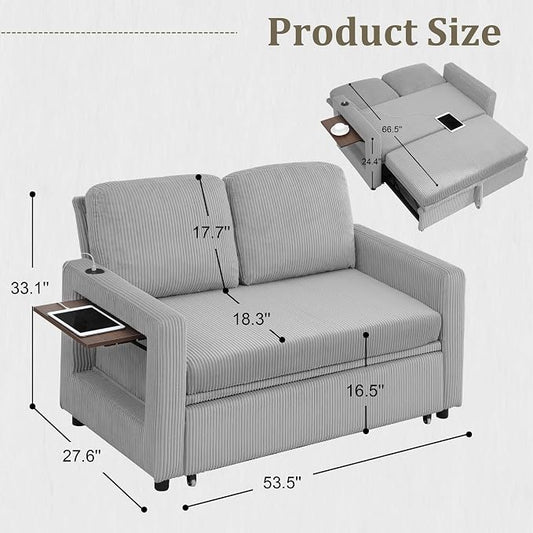 3 in 1 Folding Convertible Sleeper Sofa Bed, Pull Out Couch with Side Pockets USB Port Side Table Loveseat Sofa Bed with Adjustable Backrest for Living Room Bedroom 66" LIGHTGREY 2 SEAT