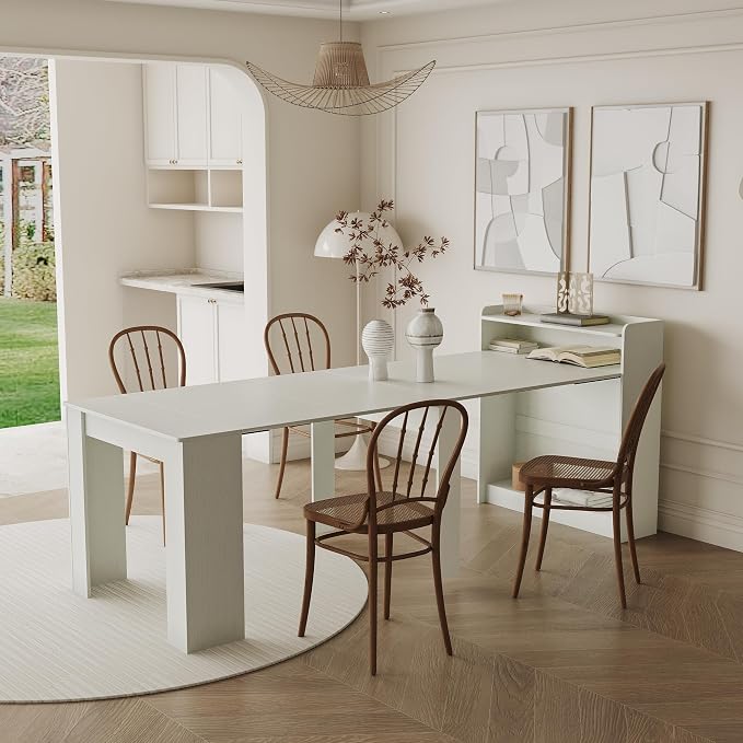 Transformer Extendable Dining Table 30”-88.4”L, Foldable Kitchen Dining Room Table with Storage for 1–10 People, Compact Space-Saving Expandable Wood Furniture, White