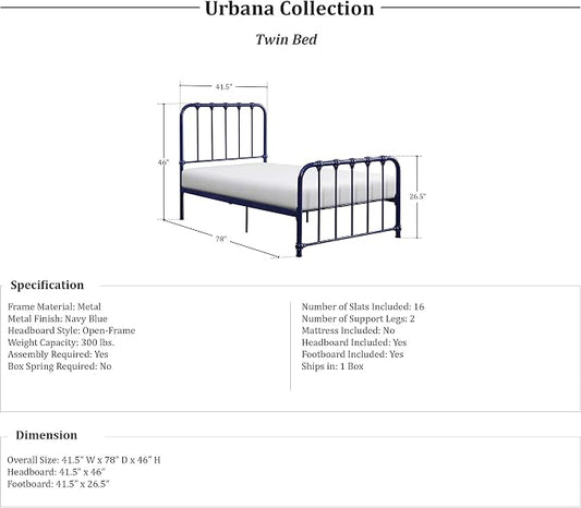 Lexicon Twin Metal Bed Frame, Platform Bed with Strong Metal Slat Support Under Bed Storage, Twin Bed Frame with Headboard, No Box Spring Needed, Easy Assembly, Twin, Navy Blue
