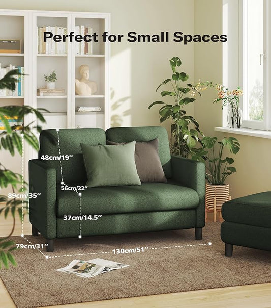 Welzona Loveseat, 51" Small Couch, Comfy Teddy Love Seat for Living Room, Tool-Free Setup Loveseat Sofa for Small Spaces, All-Wood Small Sofa Couch for Bedroom, Green