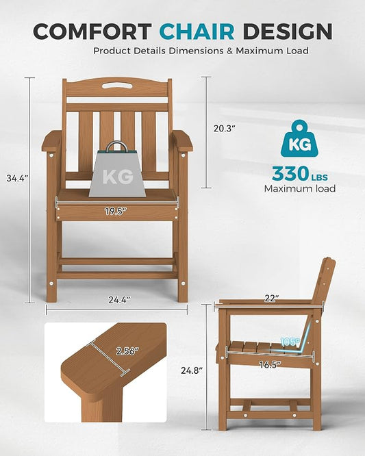 Ciokea Outdoor Patio Dining Chair Set of 2, HDPE Porch Chairs for Dining Table, All-Weather Durable Outdoor Furniture for Backyard, Poolside, Lawn & Garden, Teak