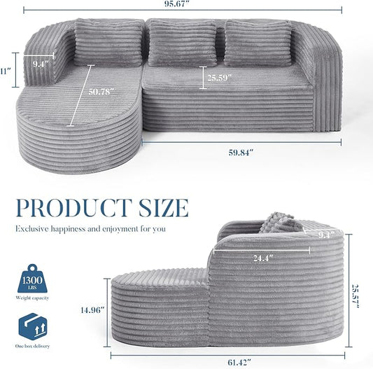 Hobestluk Modular Sectional Sofa Couches L-Shape Couch 3 Seat Modular Sofa Memory Foam Sectional Couches for Living Room, Cloud Couch (Round Lightgrey, 96", Left Hand Facing)