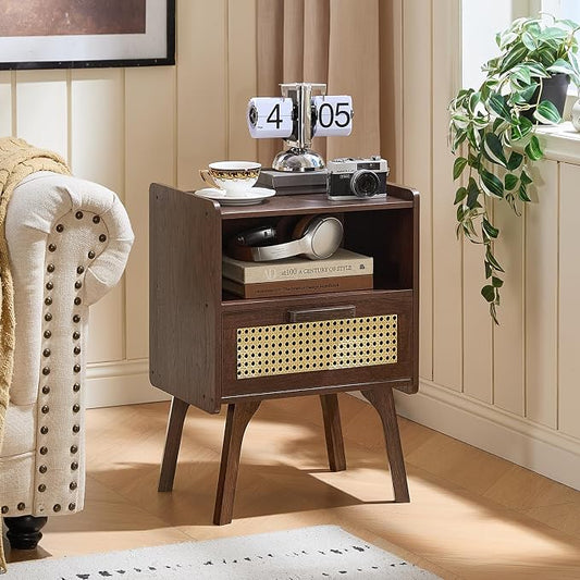 Lerliuo Rattan Nightstands Set of 2, Bedside Table with Drawer Open Shelf, Cane Accent Side End Table with Solid Wood Legs, Walnut Vintage Night Stand for Bedroom, Dorm and Small Spaces