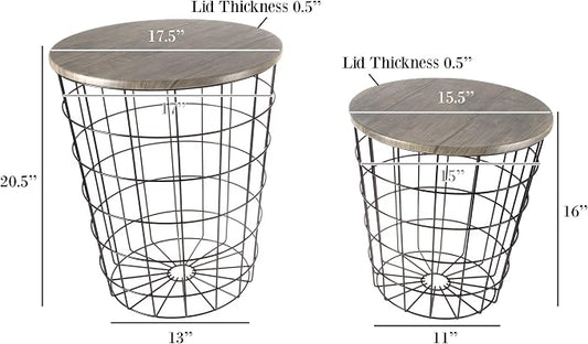 End Tables Set of 2 - Nesting Tables with Removable Wood Tops and Metal Basket Bases for Blanket Storage - Round Side Furniture for Living Room, Bedroom, or Home Office by Lavish Home (Gray/Black)
