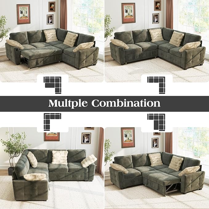 Ihanherry L-Shaped Sectional Sofa Bed with Storage, 5-Seater Convertible Pull Out Sleeper Sofa with USB Charging Ports, 4 Pillows & Wide Armrests, Chenille Fabric for Living Room, Apartment(Gray)
