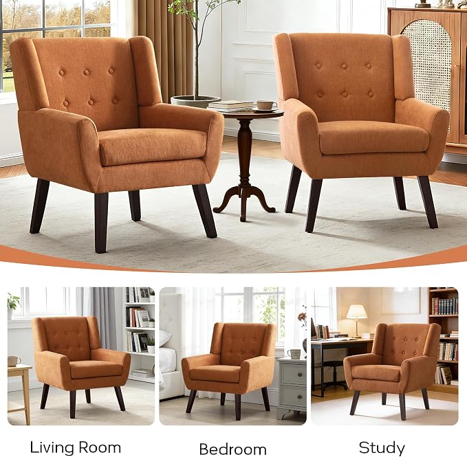 HUIMO Accent Chair, Upholstered Button Tufted Armchair, Linen Fabric Sofa Chairs for Bedroom, Living Room, Mid-Century Modern Comfy Reading Chair (1, Orange)