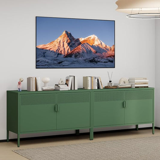 Green 25" H Metal Storage Cabinet with Adjustable Shelf, 2 Door Accent Cabinet, 2-Tier Low Cabinet with Vent Hole, TV Stand for Entryway, Home Office, Music Studio