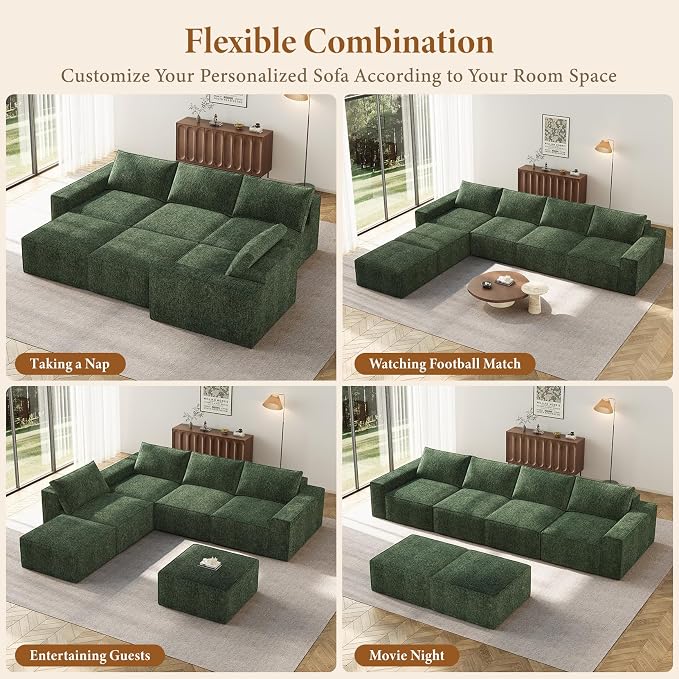 Vesgantti 145.6" Modular Boneless Couch, Modern U Shaped 6 Seater Sectional Sofa with 2 Ottoman & Deep Seat, Convertible Chenille Cloud Couches for Living Room, No Assembly Required, Green