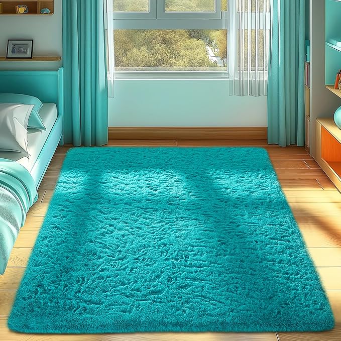 Ophanie Teal Rugs for Bedroom Living Room, Fluffy Fuzzy Furry Carpet, Plush Soft Shaggy Bedside Indoor Floor 4x6 Area Rug for Kids Girls Boys Baby Teen Dorm Nursery Decor with Over 99 pcs Pile fibers