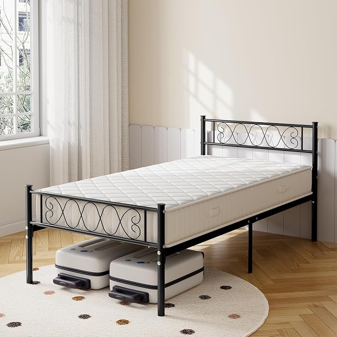 GarveeHome Twin-XL Size Bed Frame, Metal Platform Bed Frame with Headboard and Footboard, 12.2 in Bed Frame with Strong Metal Slats Support, Under Bed Storage, No Box Spring Needed, Black
