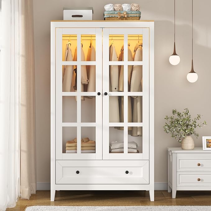 Gyfimoie Armoire Wardrobe Closet with LED Lights, 55'' Modern Clothing Storage Cabinet with Glass Doors and Drawer, Large Wardrobe Cabinet with Hanging Rod for Bedroom