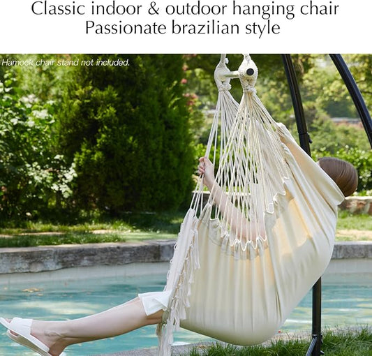 PNAEUT Hammock Chair with Tassel Hanging Rope Swing for Outside Indoor for Bedroom, Outdoor, Patio (Natural with Tassels)