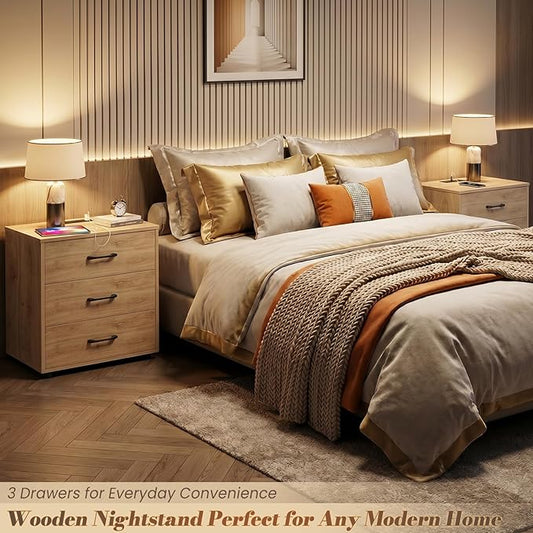 Aheaplus Night Stand with Charger Station, 21.7'' Wider Nightstands with 3 Wooden Drawers, Large Bedside Table, Modern Tall End Side Table, Nightstand for Bedroom, Natural Oak1