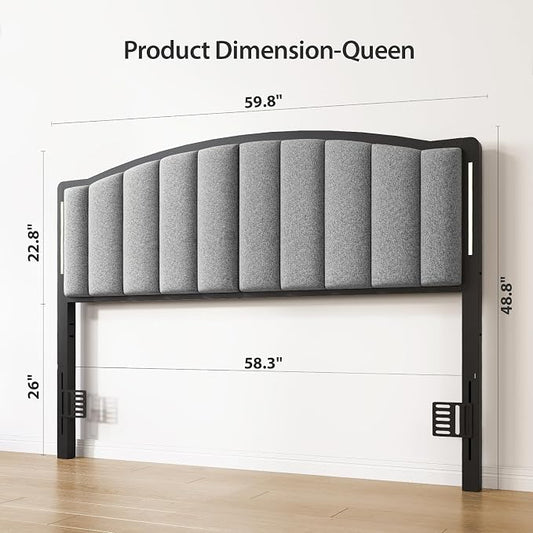 Headboard for Queen Size Bed with LED Lights, Upholstered Vertical Channel Tufting Head Boards, Linen Fabric Bed Headboard Only, Attach Frame, Ideal for Bedroom, Dorm, Guest Room, Grey