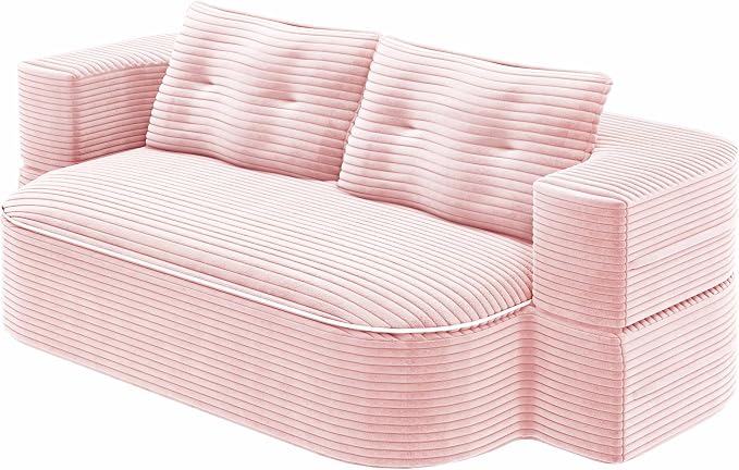 78.7" Futon Sofa Bed, 2-in-1 Foldable Sleeper Sofa, Convertible Sofa Bed with Pillows, Corduroy Couch with Multi Functional Blanket Upholstered Boneless Couches for Living Room, Creamy Pink