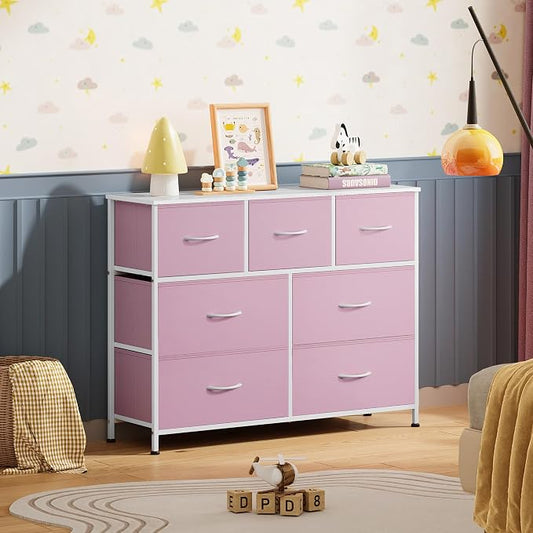 WLIVE 7 Drawer Dresser TV Stand, Entertainment Center, Media Console Table with Metal Frame and Wood Top for TV up to 45 inch, Chest of Drawers for Bedroom, Living Room, A-Pink