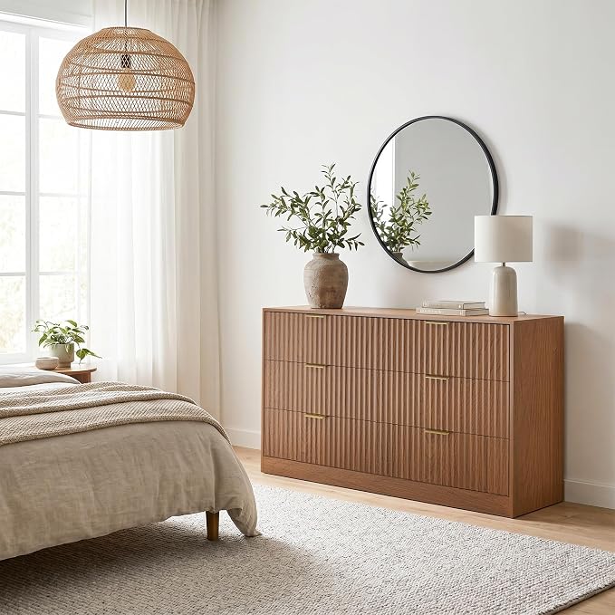 6 Drawer Dresser for Bedroom, 55" Wide Fluted Chest of Drawers with Gold Metal Handles, Wood Dresser Storage Organizer Mid Century TV Stand for Living Room Closet Hallway Light Walnut