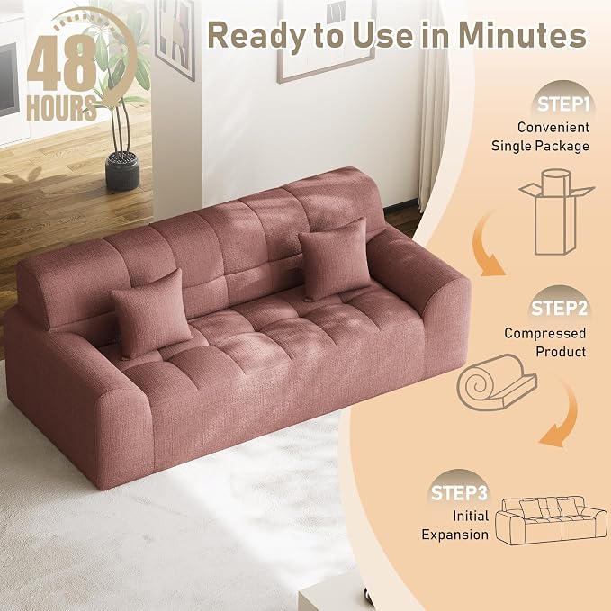 91.5" Modern Boneless Couch for Living Room, Comfy Cloud Sectional Sofa with Deep Seat, Chenille Love Seat Oversized Upholstered 3-Seater Sofa, No Assembly Required Tufted Sofas, Pink